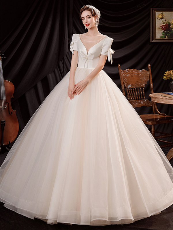 In Stock:Ship in 48 Hours Ball Gown Tulle Short Sleeve Wedding Dress