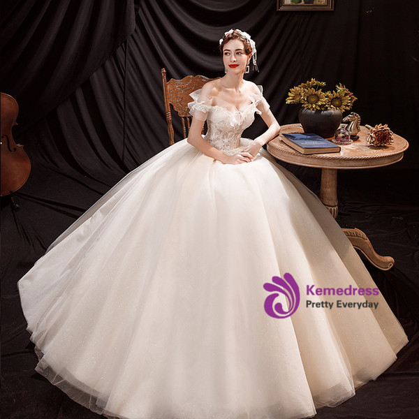 In Stock:Ship in 48 Hours Ivory Tulle Appliques Beading Wedding Dress