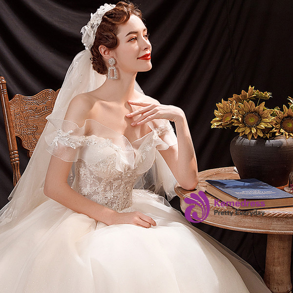 In Stock:Ship in 48 Hours Ivory Tulle Appliques Beading Wedding Dress