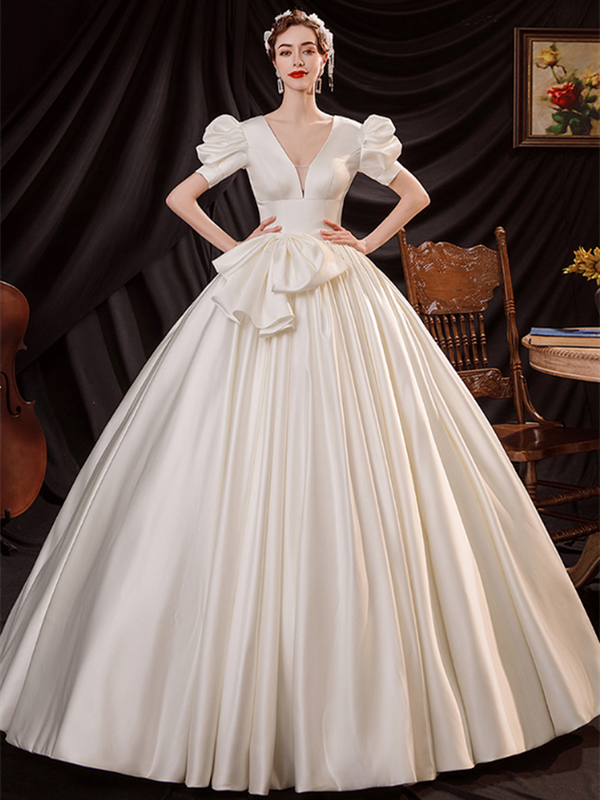 In Stock:Ship in 48 Hours Ivory Satin V-neck Puff Sleeve Wedding Dress