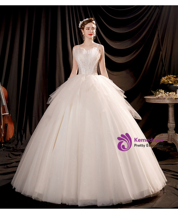In Stock:Ship in 48 Hours White Tulle Sequins Wedding Dress