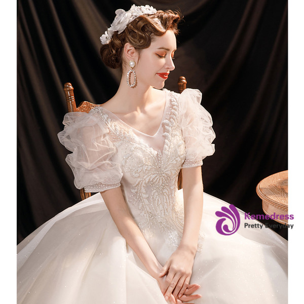 In Stock:Ship in 48 Hours White Tulle Sequins Puff Sleeve Wedding Dress