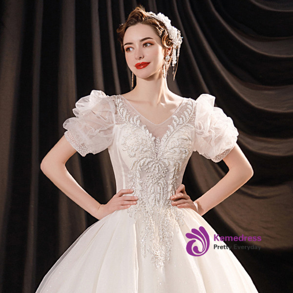 In Stock:Ship in 48 Hours White Tulle Sequins Puff Sleeve Wedding Dress