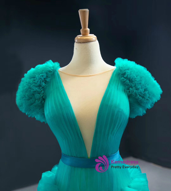 Unique Green Mermaid Tulle Pleats Prom Dress