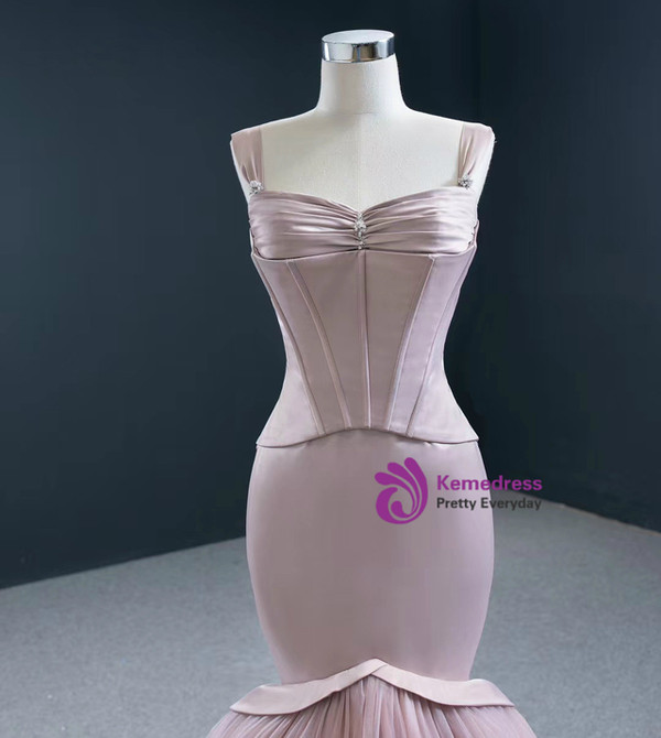 Sexy Pink Satin Mermaid Straps Prom Dress