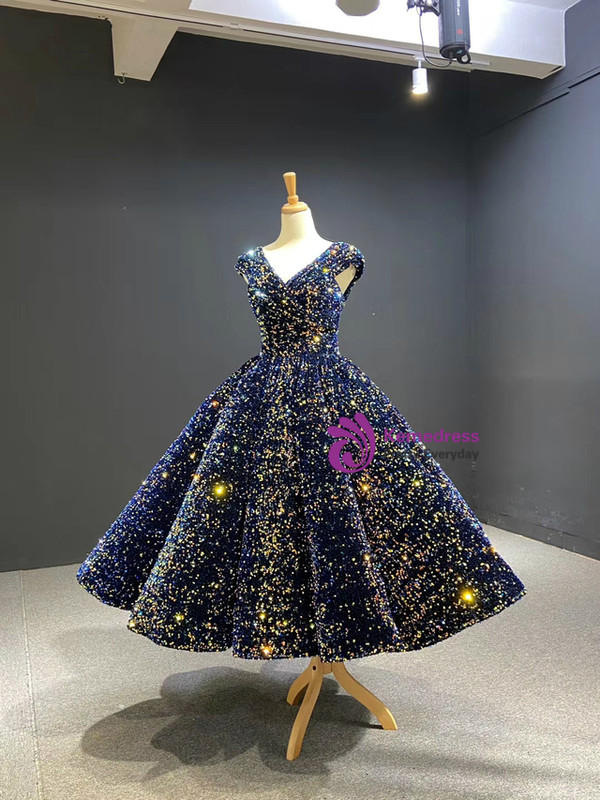 Blue Ball Gown Sequins V-neck Tea Length Prom Dress