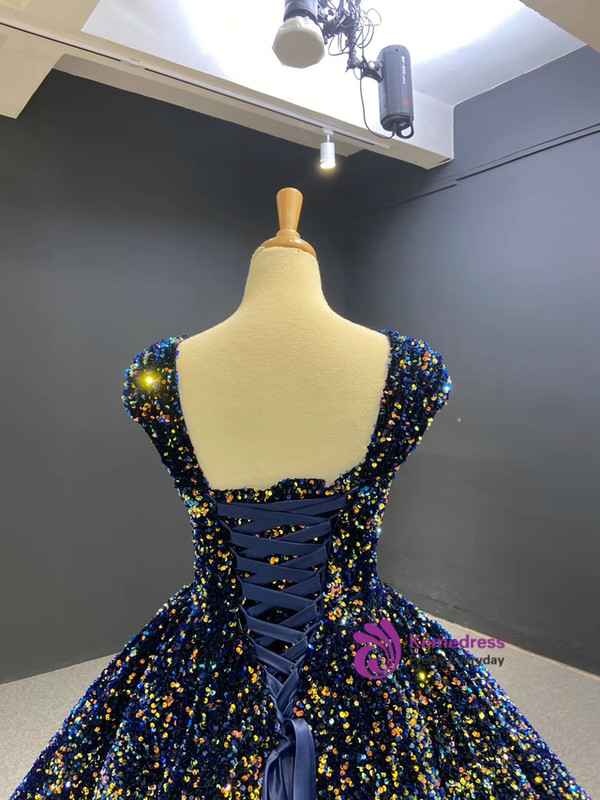 Blue Ball Gown Sequins V-neck Tea Length Prom Dress