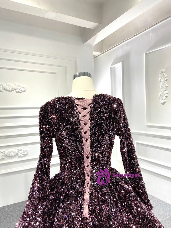 Pink Ball Gown Sequins Long Sleeve Prom Dress