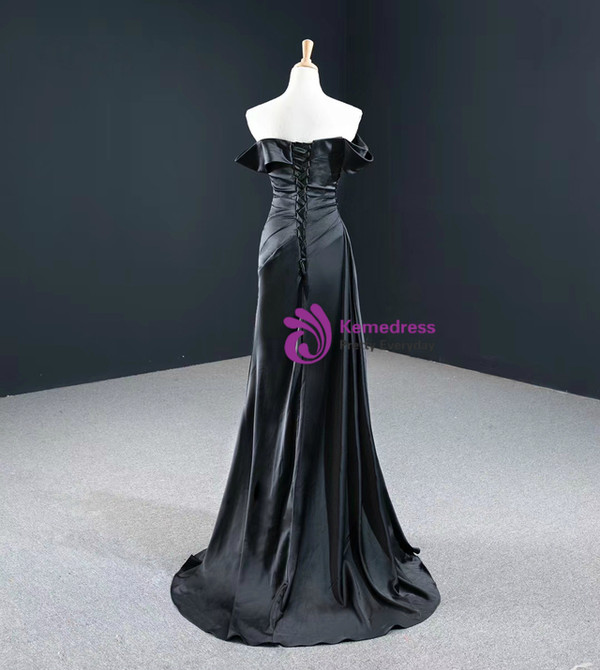 Black Mermaid Satin Beading Pleats Prom Dress With Detachable Sleeve