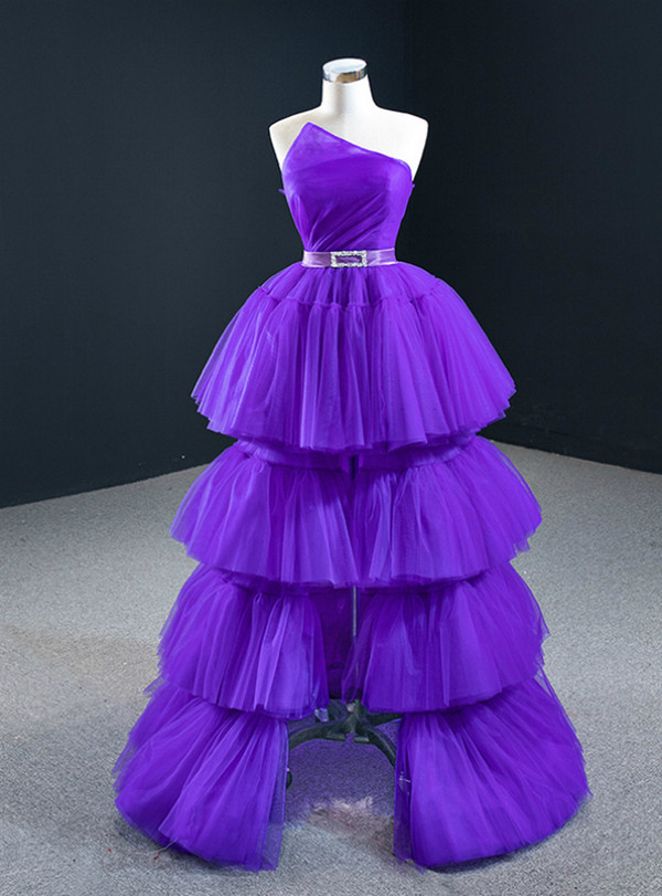 Purple Tulle Tiers Strapless Prom Dress With Belt