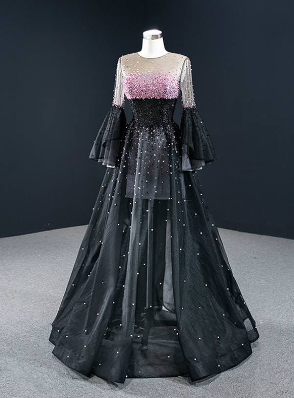 Black Tulle Beading Long Sleeve Prom Dress