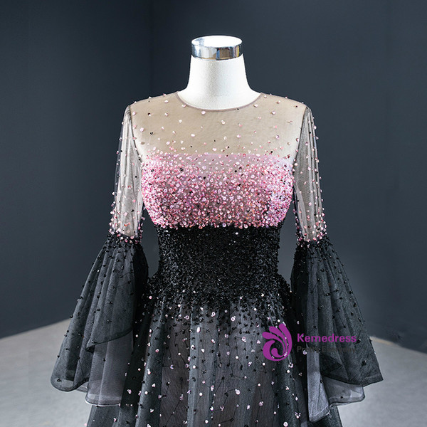 Black Tulle Beading Long Sleeve Prom Dress