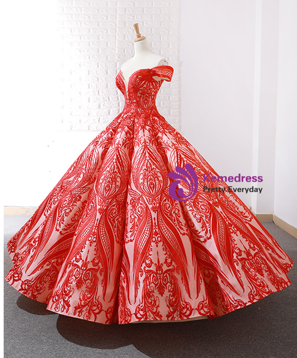Luxury Red Sequins Off the Shoulder Prom Dress