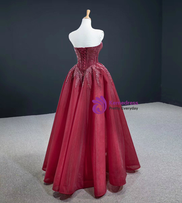 Burgundy Tulle Heavy Beading Sweetheart Prom Dress