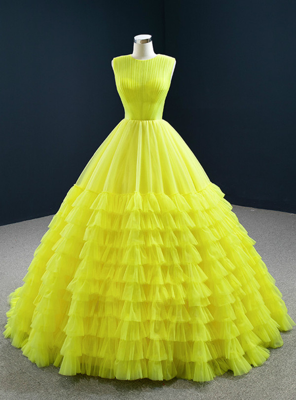 Yellow Scoop Tulle Pleats Tiers Prom Dress
