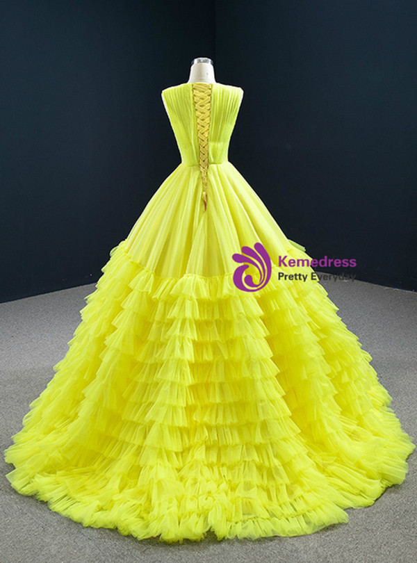 Yellow Scoop Tulle Pleats Tiers Prom Dress