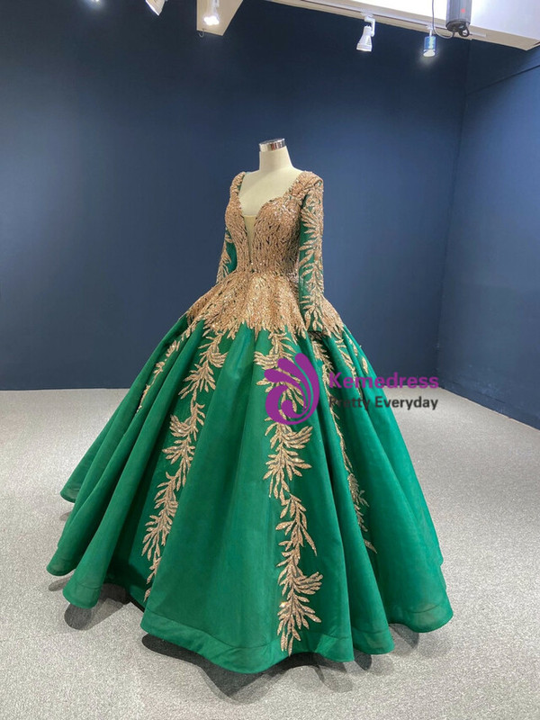 Green V-neck Long Sleeve Beading Appliques Prom Dress