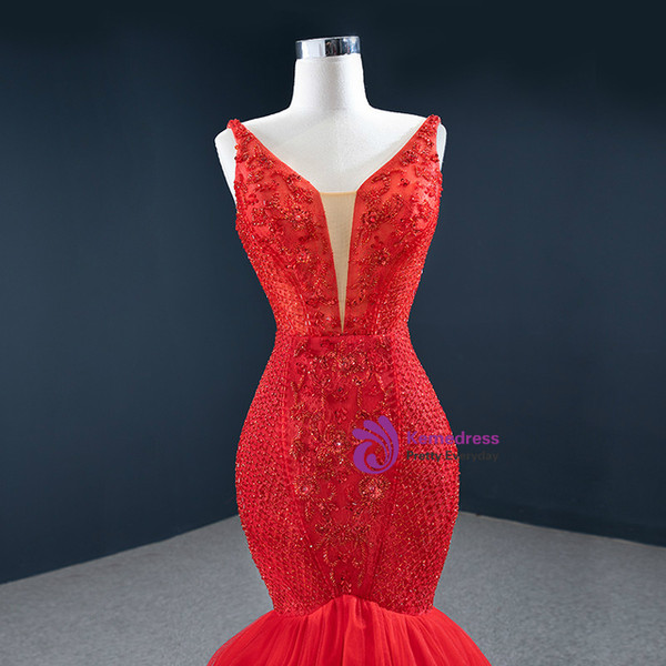 Red Mermaid Tulle Appliques Beading Prom Dress