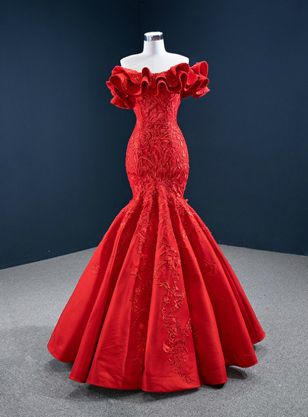 Red Mermaid Ruffles Appliques Off the Shoulder Prom Dress