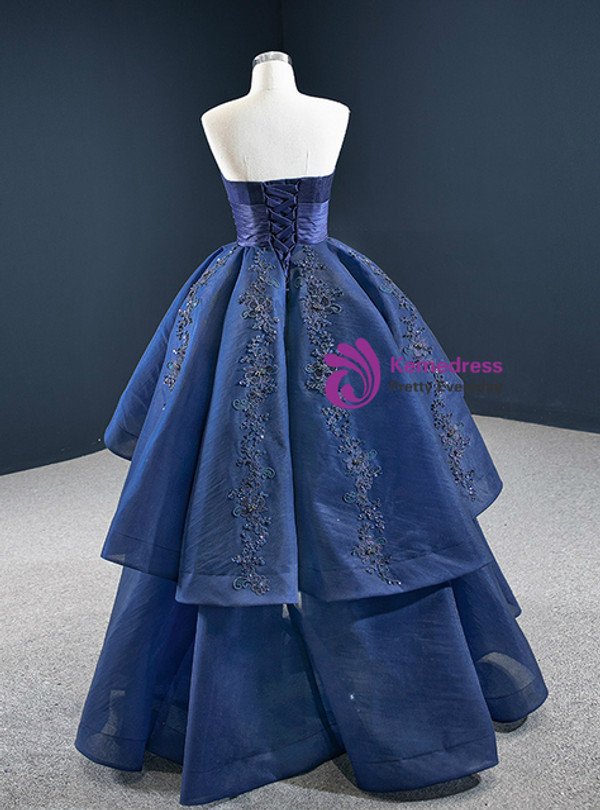 Navy Blue Sweetheart Appliques Beading Prom Dress