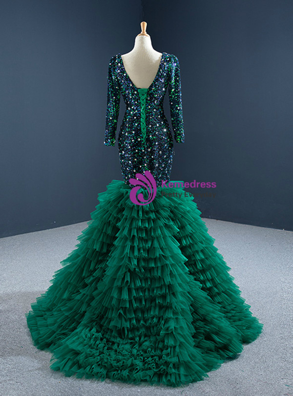 Green Mermaid Sequins Long Sleeve Crystal Prom Dress