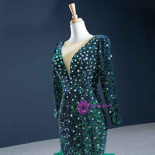 Green Mermaid Sequins Long Sleeve Crystal Prom Dress