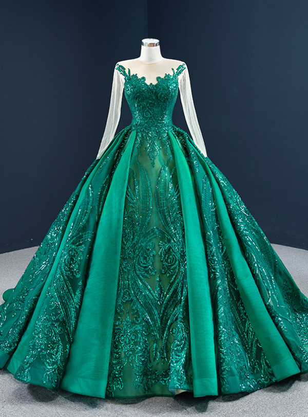 Green Long Sleeve Sequins Appliques Prom Dress