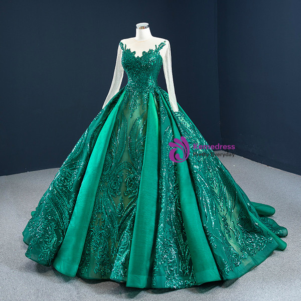 Green Long Sleeve Sequins Appliques Prom Dress