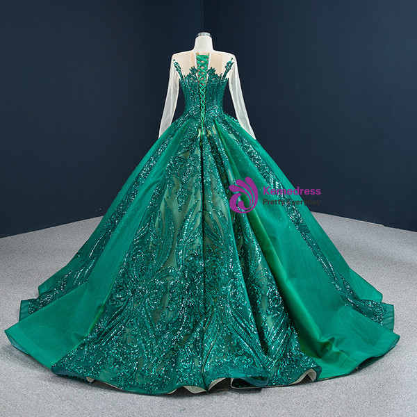 Green Long Sleeve Sequins Appliques Prom Dress