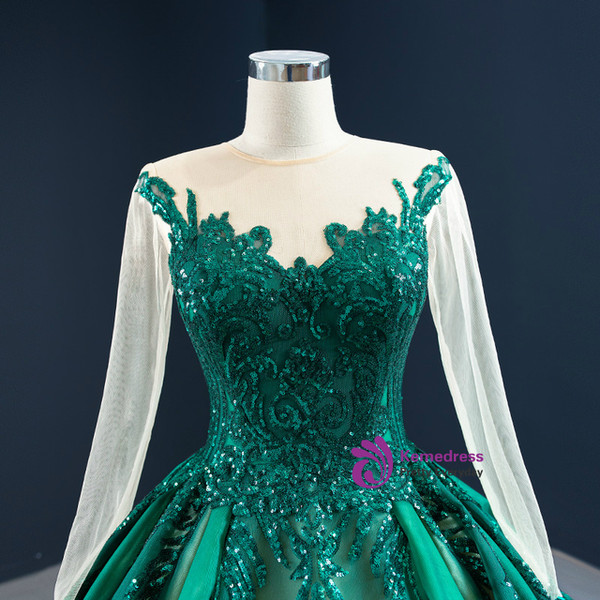 Green Long Sleeve Sequins Appliques Prom Dress