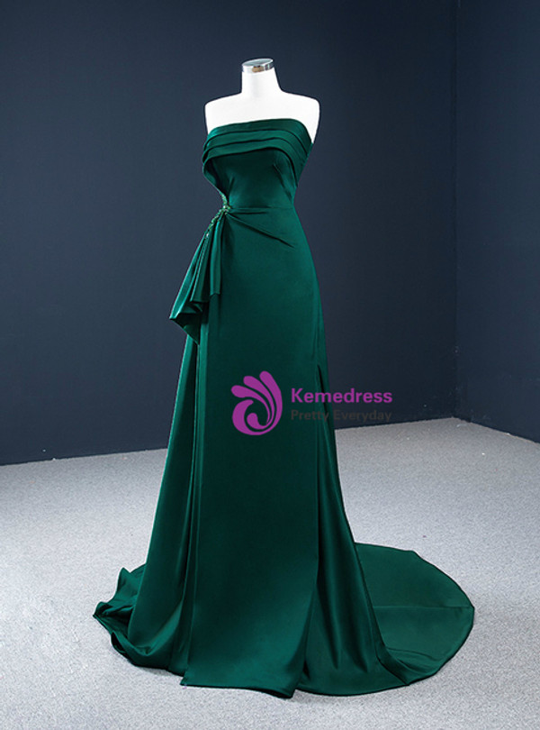 Dark Green Satin Pleats Beading Prom Dress
