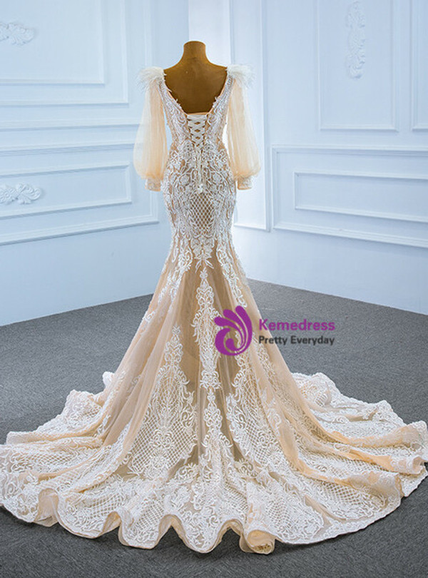 Champagne Mermaid Tulle Appliques Long Sleeve Prom Dress
