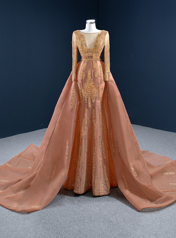 Heavy Beading Orange Long Sleeve Beading Sequins Prom Dress