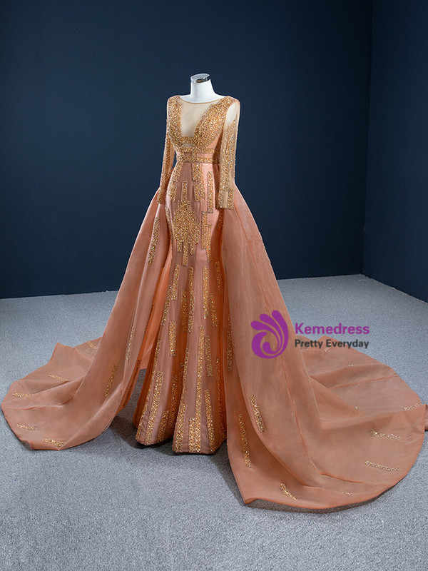 Heavy Beading Orange Long Sleeve Beading Sequins Prom Dress
