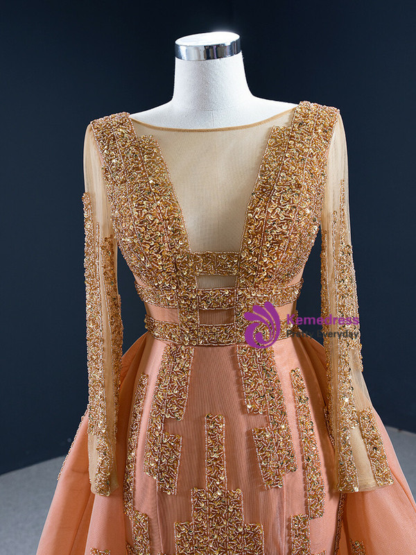 Heavy Beading Orange Long Sleeve Beading Sequins Prom Dress