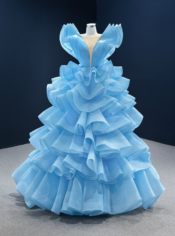Blue Ball Gown Ruffle Tiers Princess Prom Dress