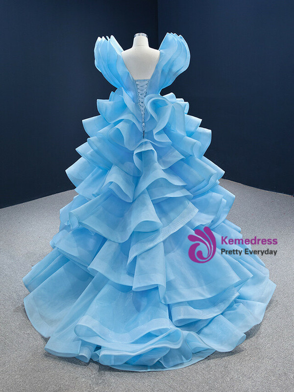 Blue Ball Gown Ruffle Tiers Princess Prom Dress