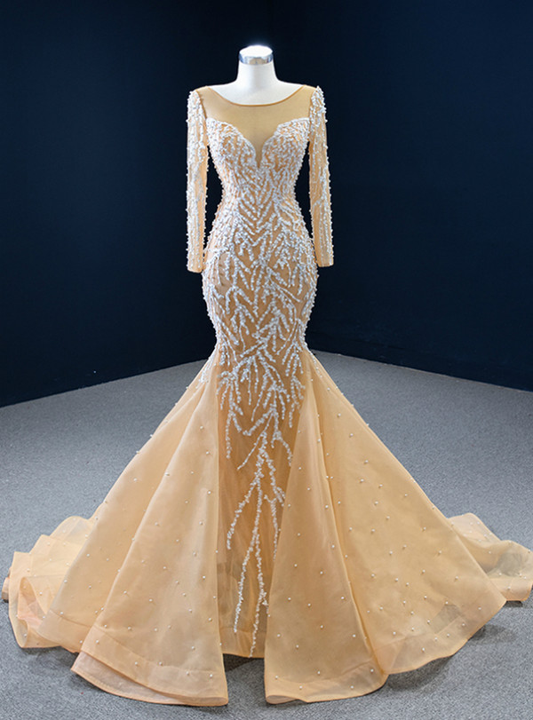Champagne Mermaid Long Sleeve Appliques Prom Dress