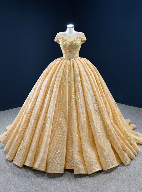 Gold Sequins Appliques Cap Sleeve Prom Dress