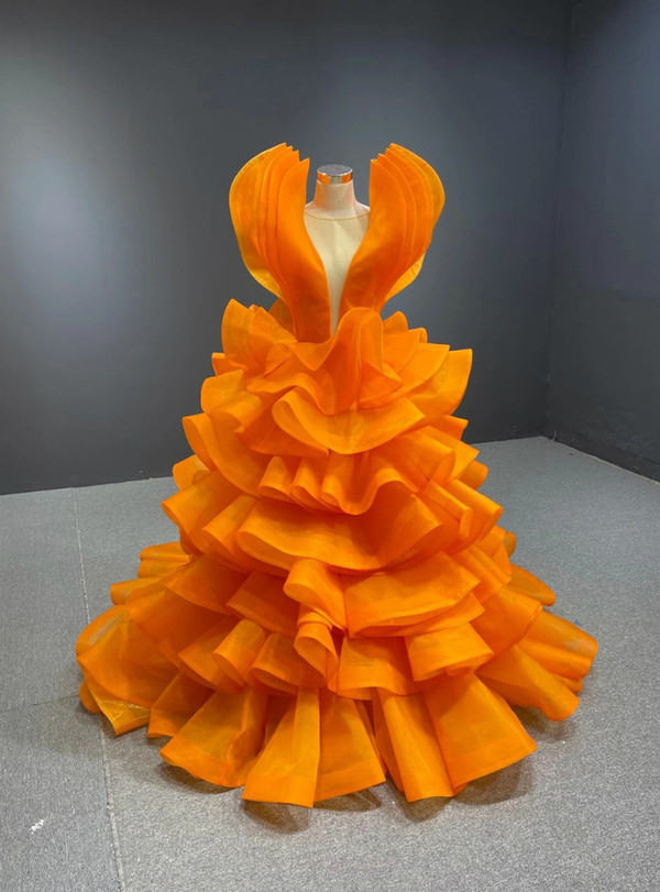 Orange Ball Gown Ruffle Tiers Prom Dress
