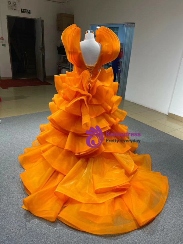 Orange Ball Gown Ruffle Tiers Prom Dress