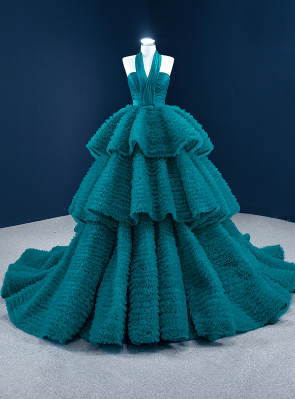 Peacock Blue Tulle Satin Halter Pleats Prom Dress