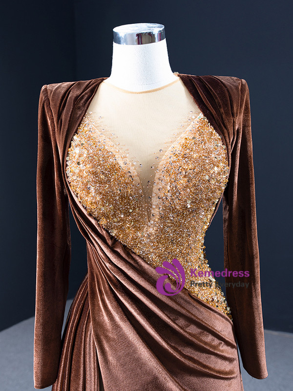 Coffee Velvet Beading Sequins Pleats Long Sleeve Prom Dress