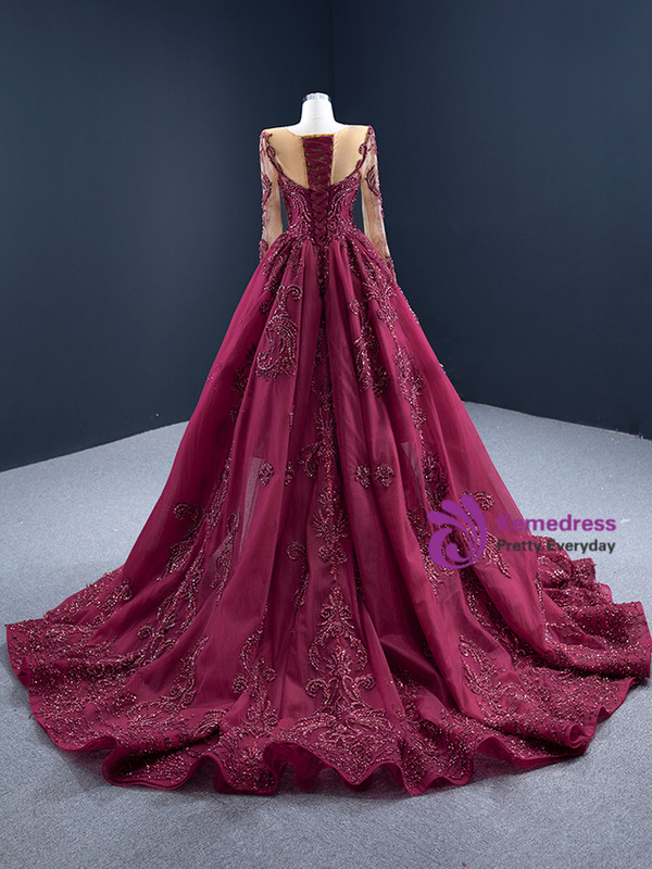Burgundy Mermaid Long Sleeve Appliques Beading Prom Dress