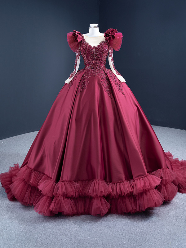 Burgundy Ball Gown Satin Long Sleeve Appliques Beading Prom Dress