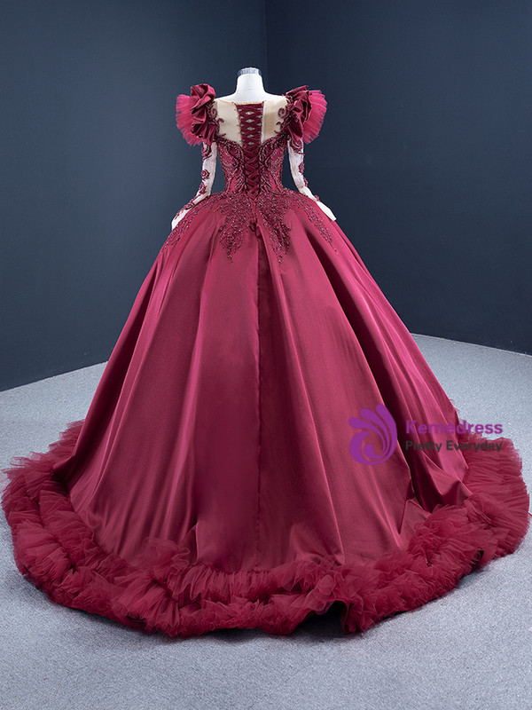 Burgundy Ball Gown Satin Long Sleeve Appliques Beading Prom Dress