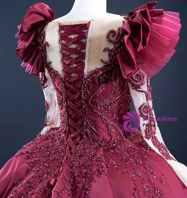 Burgundy Ball Gown Satin Long Sleeve Appliques Beading Prom Dress