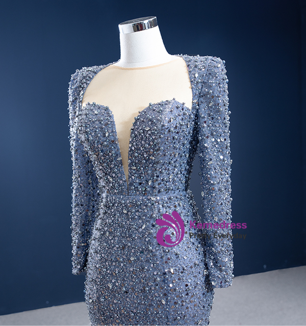 Sexy Mermaid Gray Sequins Pearls Long Sleeve Prom Dress