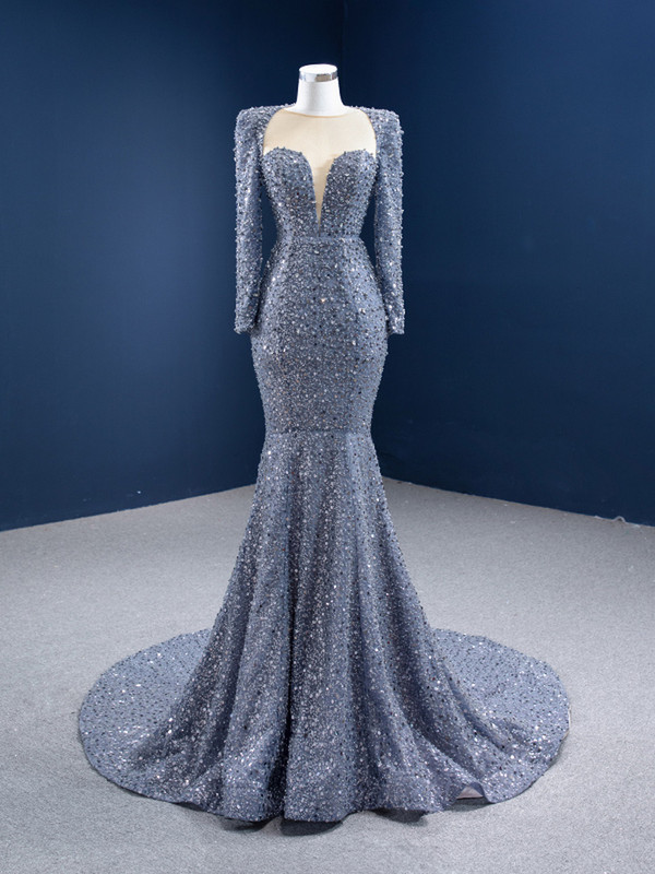 Sexy Mermaid Gray Sequins Pearls Long Sleeve Prom Dress