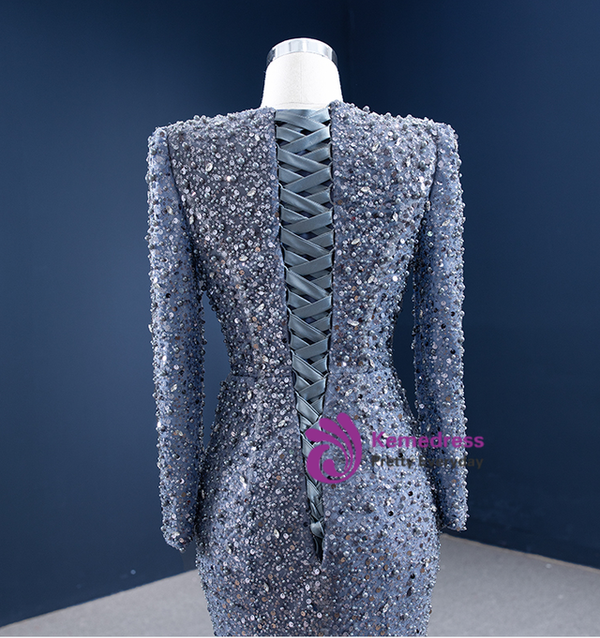 Sexy Mermaid Gray Sequins Pearls Long Sleeve Prom Dress